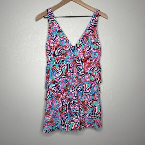 Swim Solutions Womens One Piece Bathing Suit 12 Pink Blue Tropical Tiered Resort - Picture 1 of 12